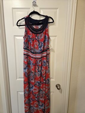 Roz & Ali Red Paisley Maxi Dress with Navy Trim